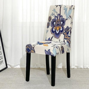 Abstract Ivory / Blue Floral Pattern Dining Chair Cover