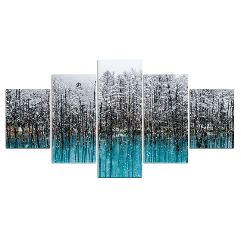 5-Piece Frozen Blue Forest Lake Canvas Wall Art