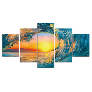 5-Piece Blue / Orange Ocean Wave Sunset Canvas Wall Art