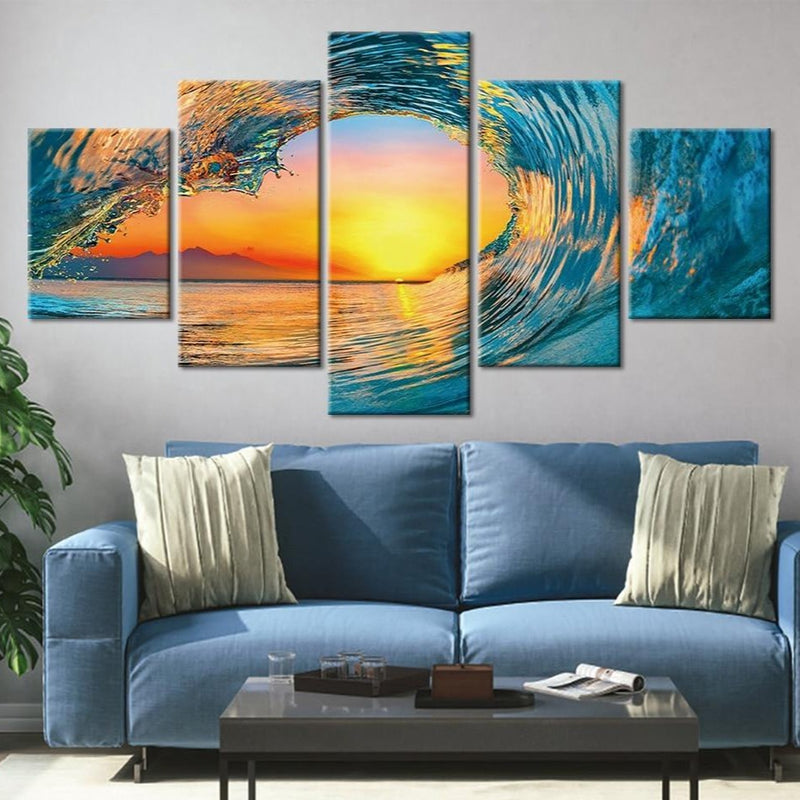 5-Piece Blue / Orange Ocean Wave Sunset Canvas Wall Art