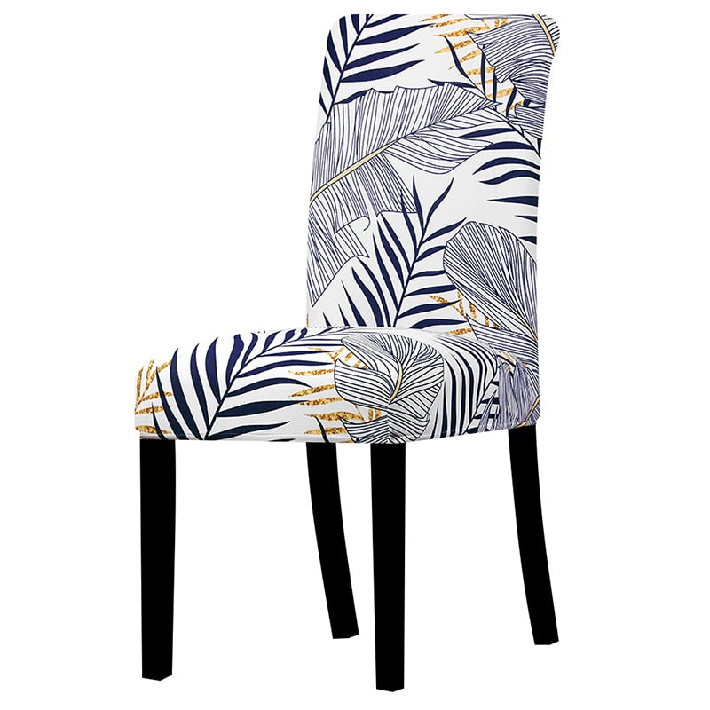 White / Gold Palm Leaf Pattern Dining Chair Cover