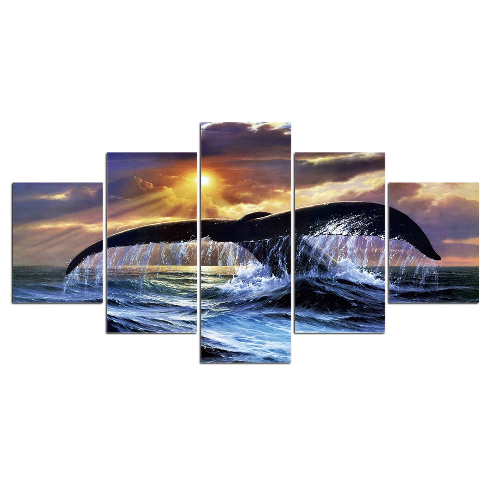 5-Piece Ocean Sunset Whale Tail Canvas Wall Art
