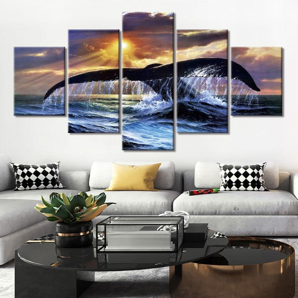 5-Piece Ocean Sunset Whale Tail Canvas Wall Art