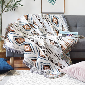 White Knitted Native Aztec Sofa Throw Cover Blanket