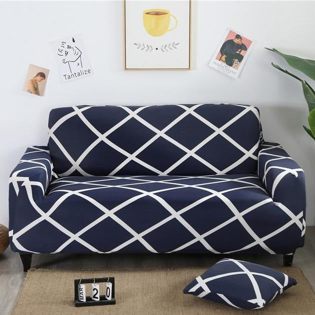 Navy Blue & White Lattice Striped Sofa Couch Cover
