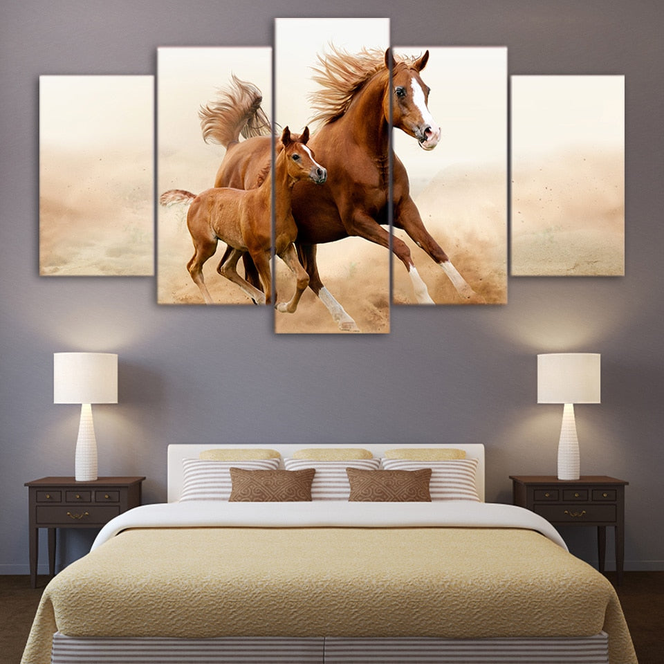 5-Piece Galloping Horse Mare Mother Canvas Wall Art