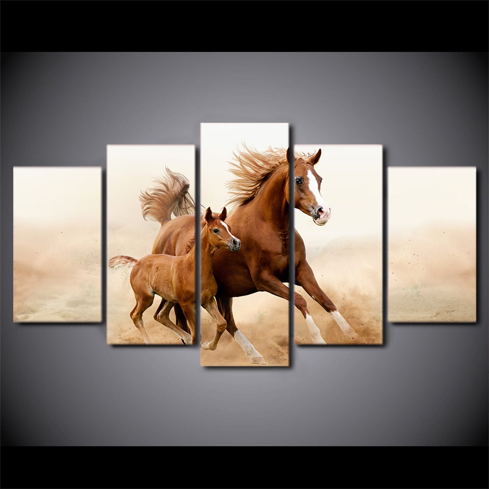 5-Piece Galloping Horse Mare Mother Canvas Wall Art