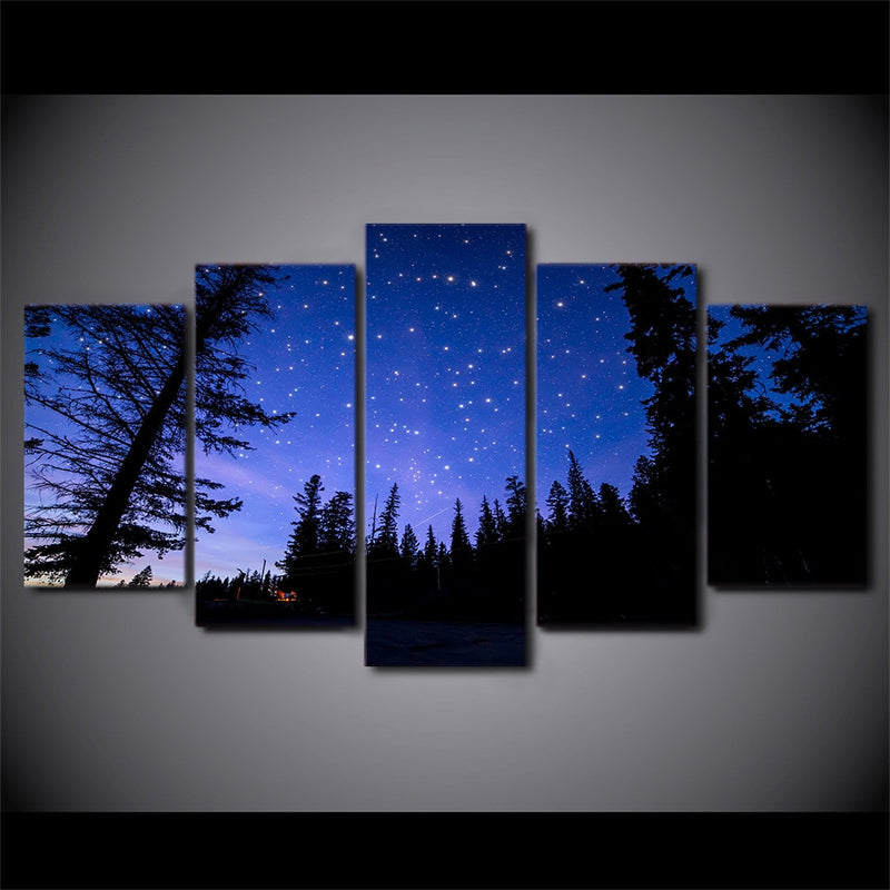 5-Piece Blue Starry Forest Night Sky Canvas Wall Art