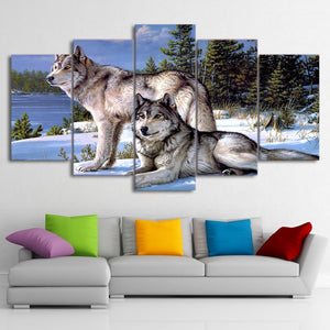 5-Piece Alaskan River Snow Wolf Canvas Wall Art