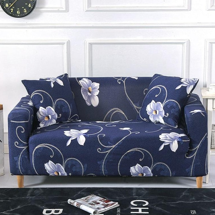 Blue Floral Iris Swirl Pattern Sofa Couch Cover