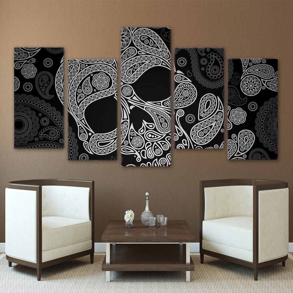 5-Piece Black & White Calavera Sugar Skull Canvas Wall Art