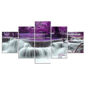 5-Piece Purple Mountain Stream Waterfall Canvas Wall Art