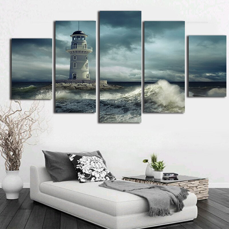 5-Piece Nautical Sea Storm Lighthouse Canvas Wall Art
