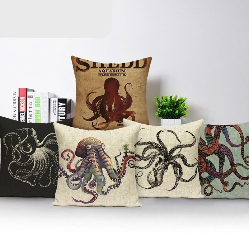 18" Vintage Nautical Octopus Print Throw Pillow Cover