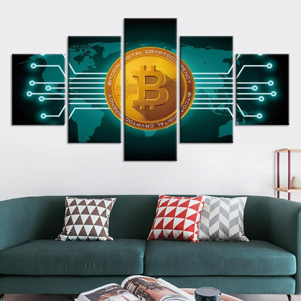 5-Piece Bitcoin Digital Currency Canvas Wall Art