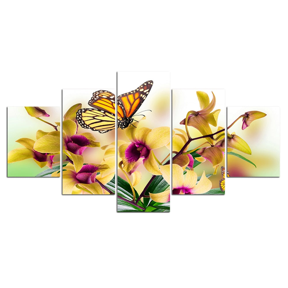5-Piece Yellow Iris Flowers Butterfly Canvas Wall art