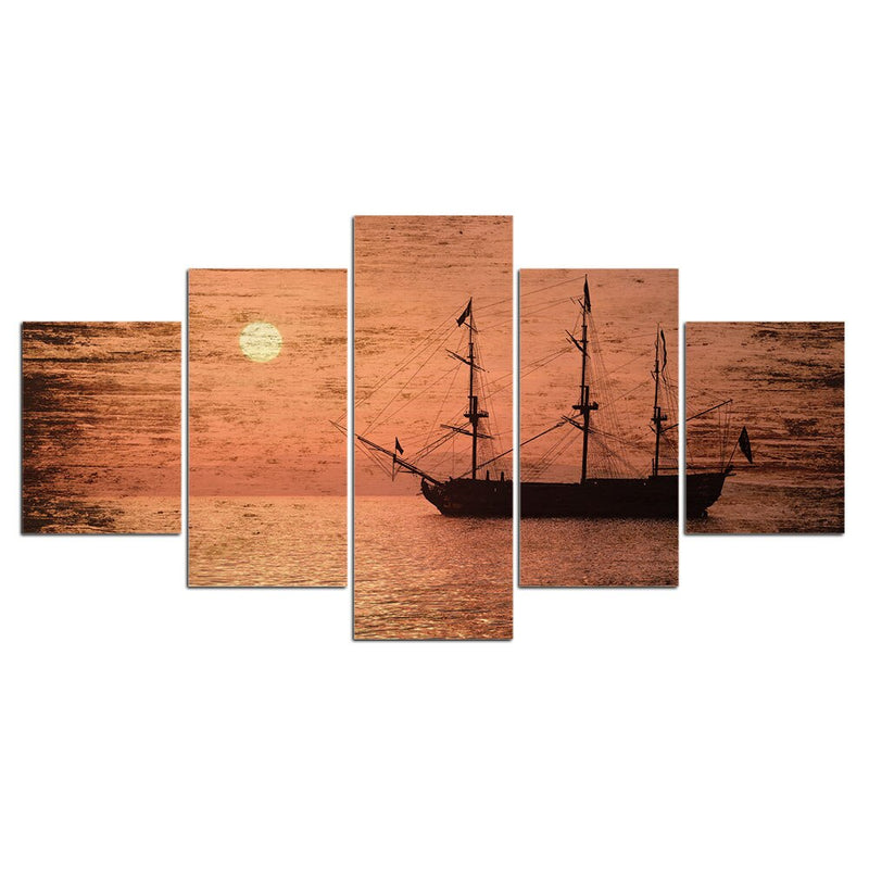 5-Piece Vintage Nautical Ship Sunset Canvas Wall Art
