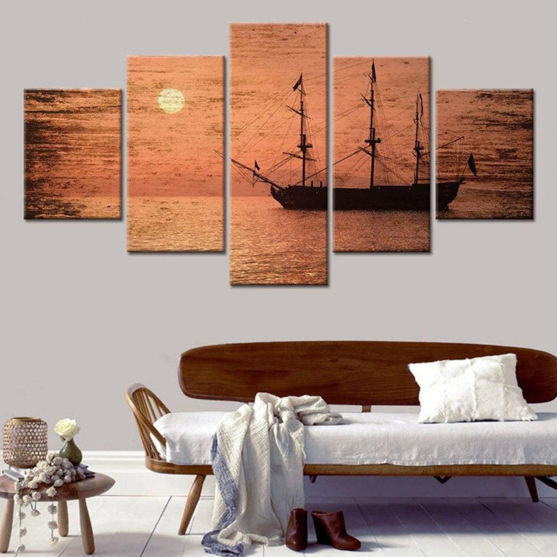 5-Piece Vintage Nautical Ship Sunset Canvas Wall Art