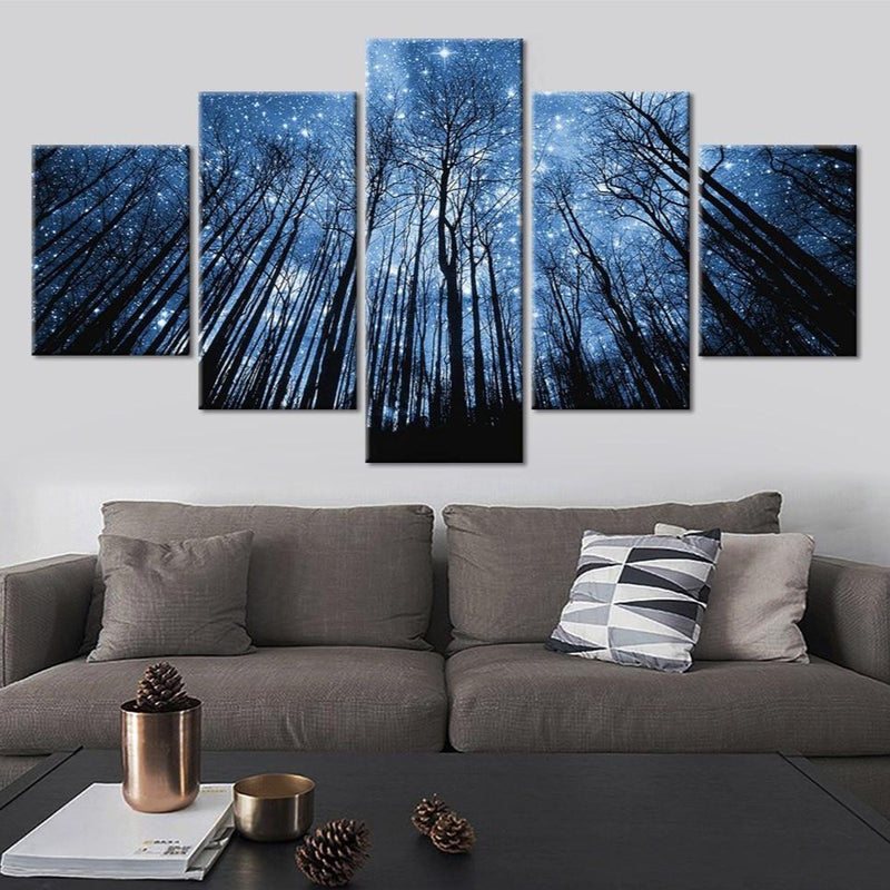 5-Piece Blue Starry Forest Night Sky Canvas Wall Art
