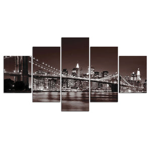 5-Piece Black & White New York City Night Skyline Wall Art