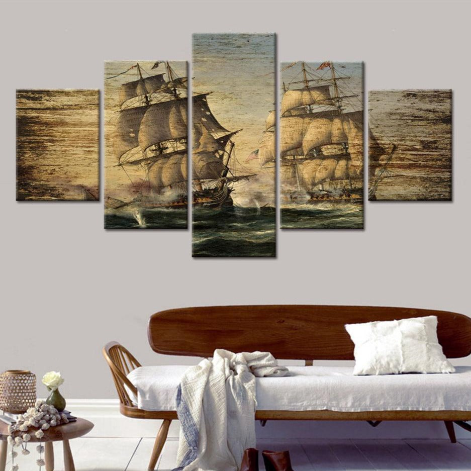 5-Piece Vintage Nautical Sea Ship Battle Canvas Wall Art