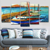 5-Piece Blue Abstract Sailboat Harbor Canvas Wall Art