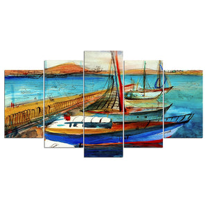 5-Piece Blue Abstract Sailboat Harbor Canvas Wall Art