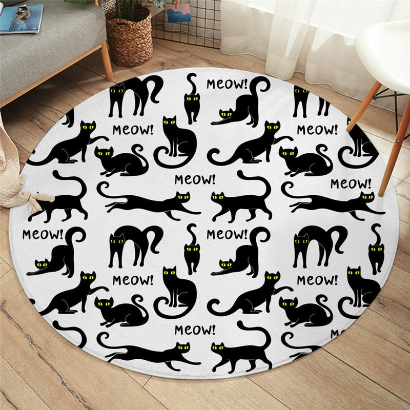 Round Black & White Cartoon Cat Meow Floor Mat Rug