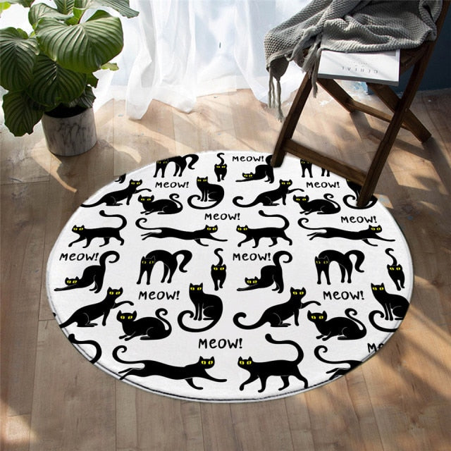 Round Black & White Cartoon Cat Meow Floor Mat Rug