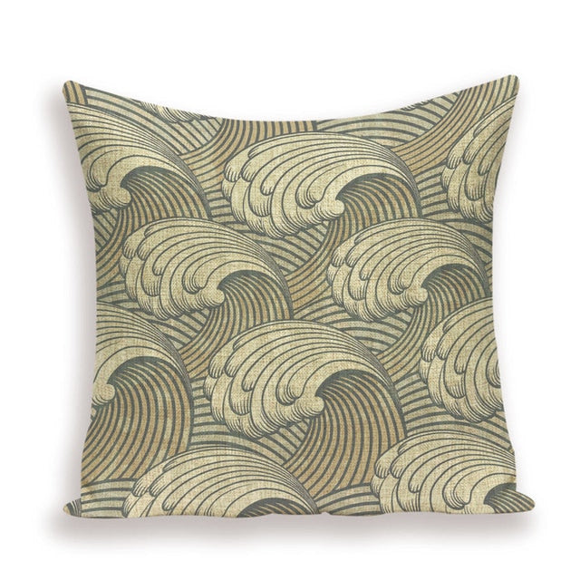 18" Vintage Asian Japanese Wave Print Throw Pillow Cover