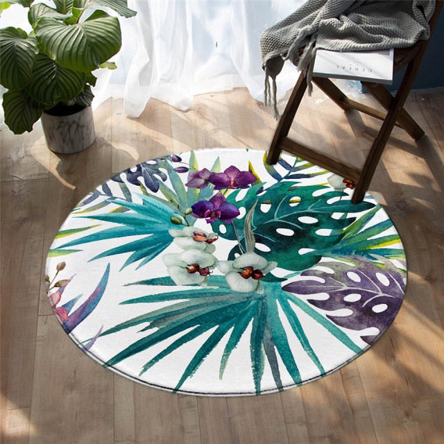 Round Floral Palm Leaf Print Floor Mat Rug
