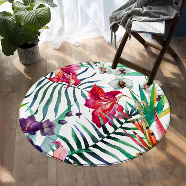 Round Floral Palm Leaf Print Floor Mat Rug