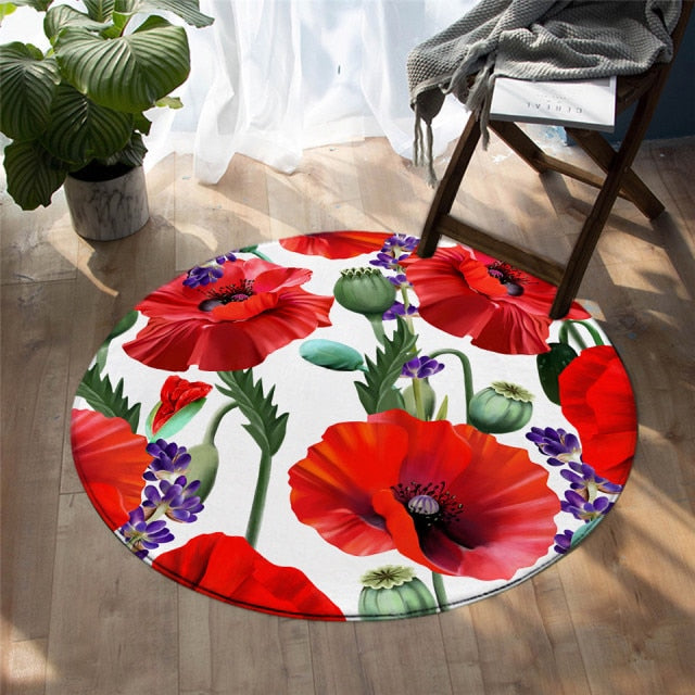 Round Floral Red / Pink Flowers Floor Mat Rug