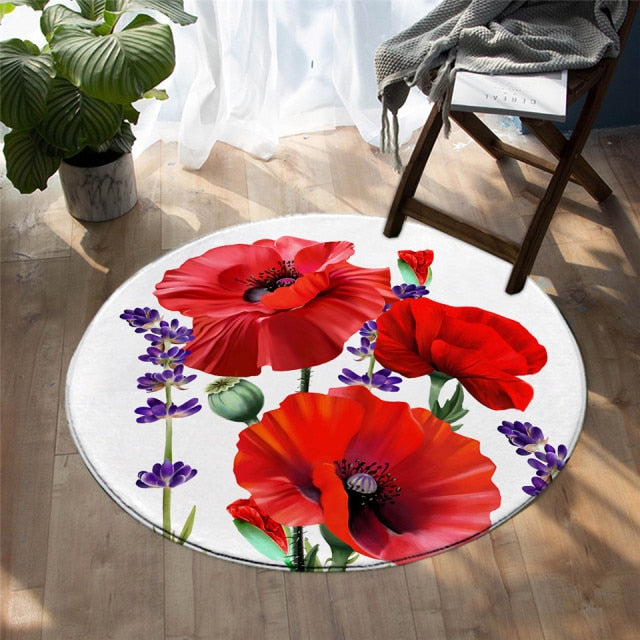 Round Floral Red / Pink Flowers Floor Mat Rug