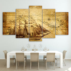 5-Piece Vintage Nautical Sailing Ship Map Canvas Wall Art