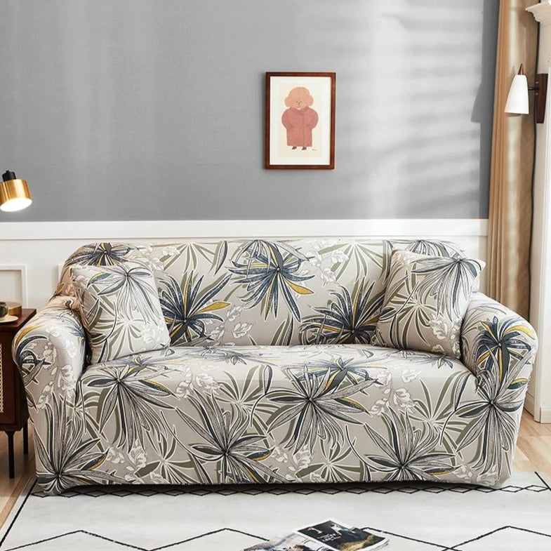 Beige Floral Tropical Leaf Pattern Sofa Couch Cover