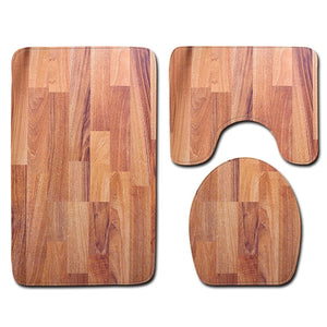 3-Piece Natural Wood Floor Print Bathroom Mat Set