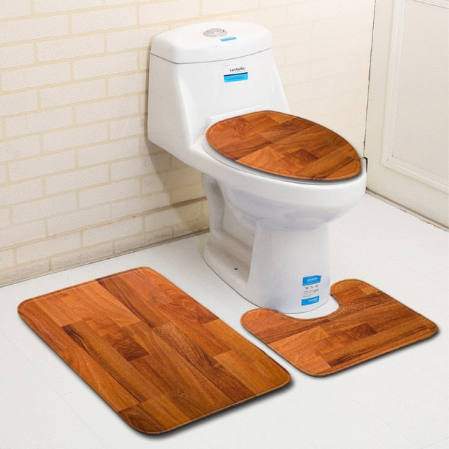 3-Piece Natural Wood Floor Print Bathroom Mat Set