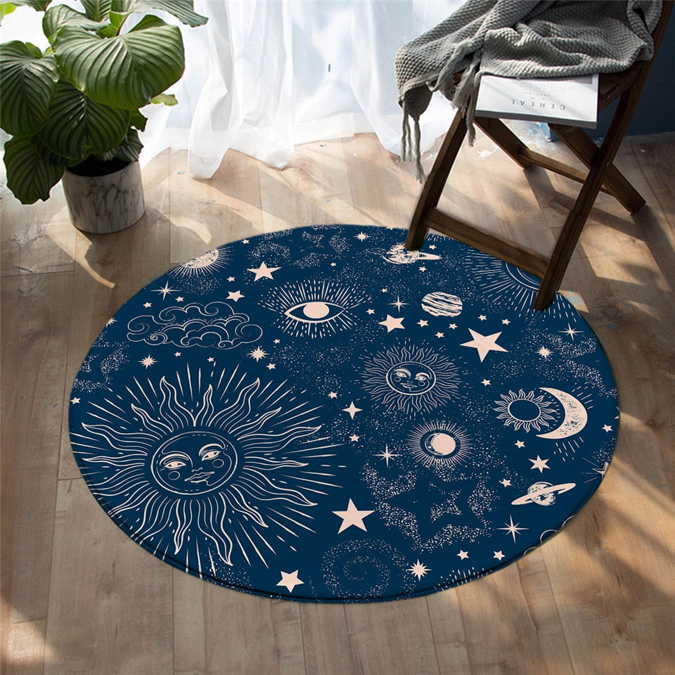Round Blue Vintage Space Astrology Floor Mat Rug