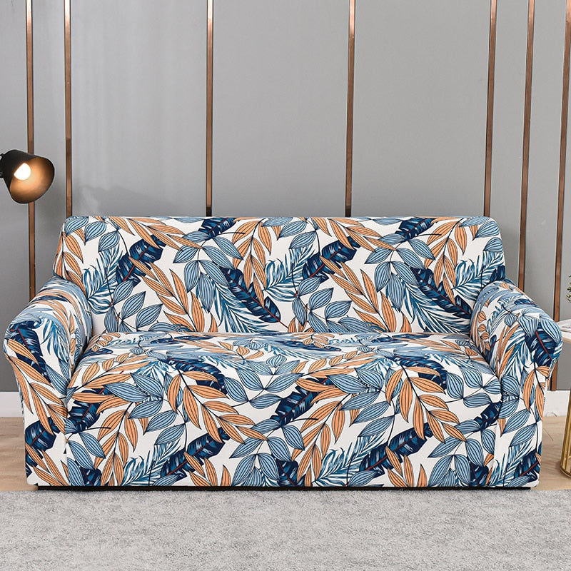 Blue / Orange Tropical Leaf Pattern Sofa Couch Cover