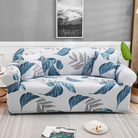 White / Blue Tropical Leaf Pattern Sofa Couch Cover