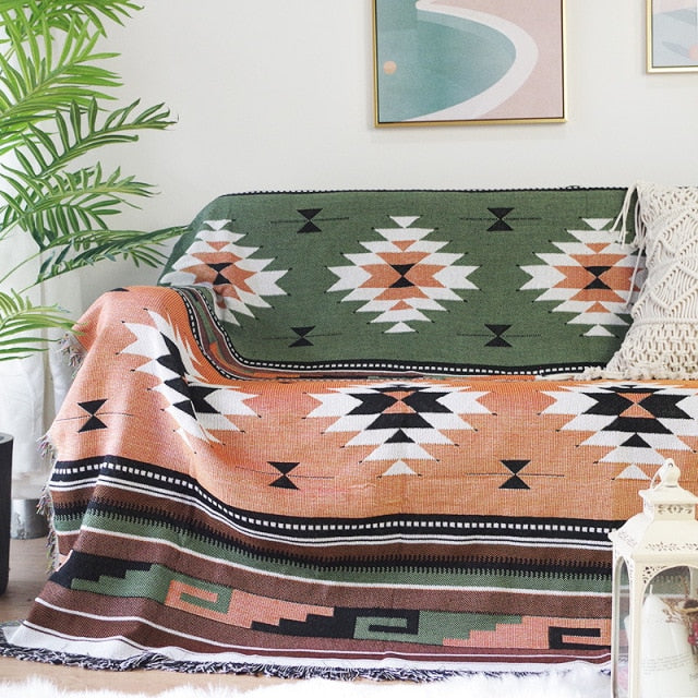 Green / Orange Knitted Navaho Sofa Throw Cover Blanket