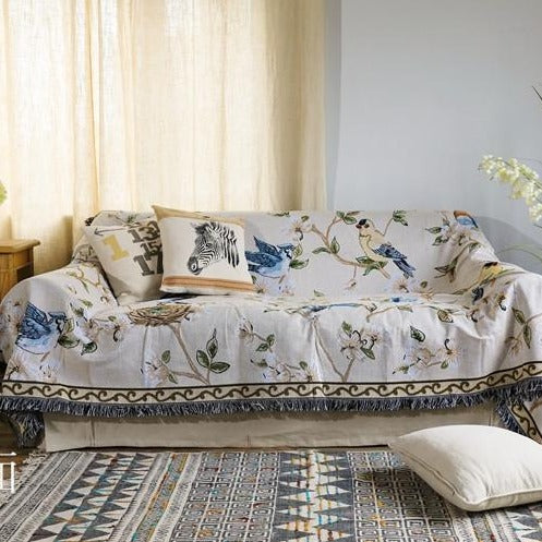 Knitted Vintage Floral Bird Sofa Throw Cover Blanket