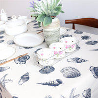 White Coastal Shell Pattern Cotton Linen Tablecloth w/ Lace