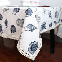 White Coastal Shell Pattern Cotton Linen Tablecloth w/ Lace