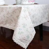 Beige Vintage Floral Pattern Cotton Linen Tablecloth w/ Lace