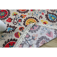 Colorful Bohemian Pattern Cotton Linen Tablecloth w/ Lace