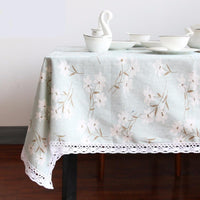 Elegant Sky Blue Floral Pattern Cotton Linen Tablecloth