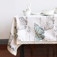 Vintage Butterfly Print Cotton Linen Tablecloth w/ Lace