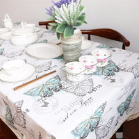 Vintage Butterfly Print Cotton Linen Tablecloth w/ Lace